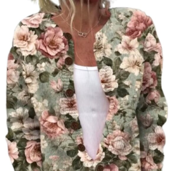 NWOT Gorgeous Pink Green Floral Print Knit Cardigan Sweater Size 3X - Picture 1 of 14